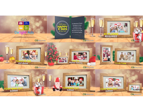 圣诞家庭聚会照片木质相框展示的AE模板